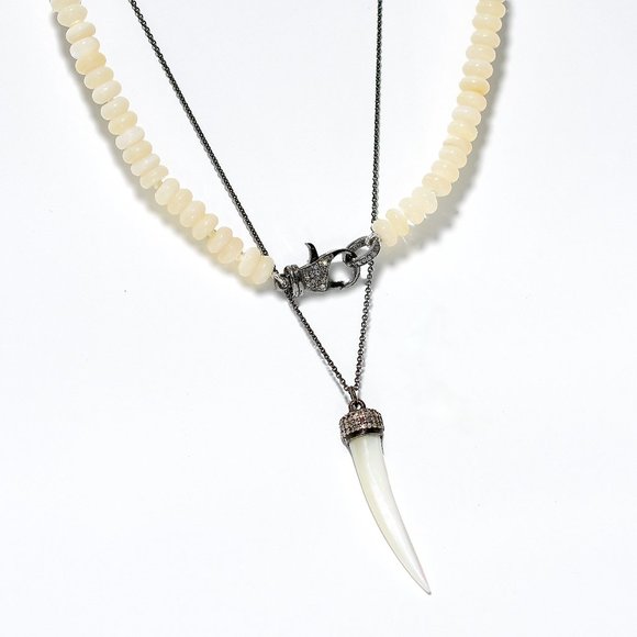 925 Pave Diamond Mother Of Pearl Horn and Beaded Necklace Set - Picture 2 of 6